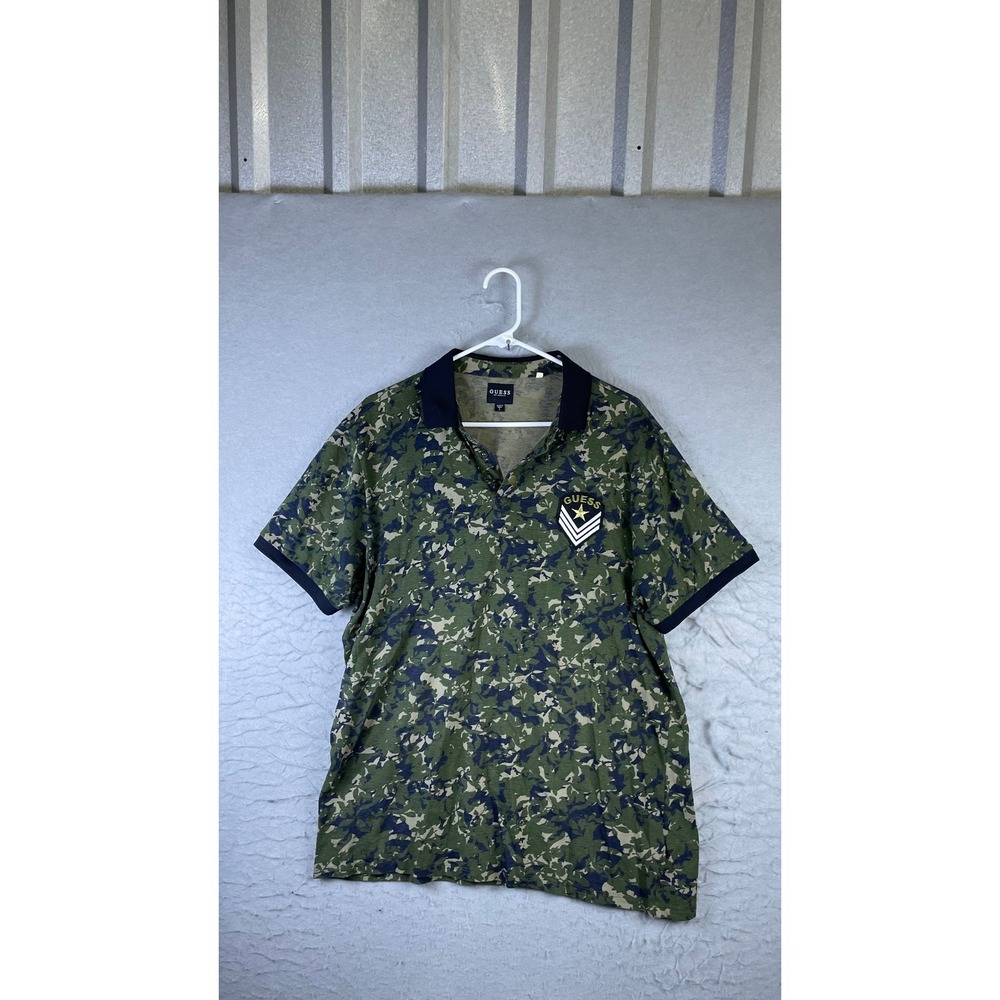 Guess Polo Shirt Mens Large Green Camo Excellent Military Patch Short Sleeve - Picture 1 of 7